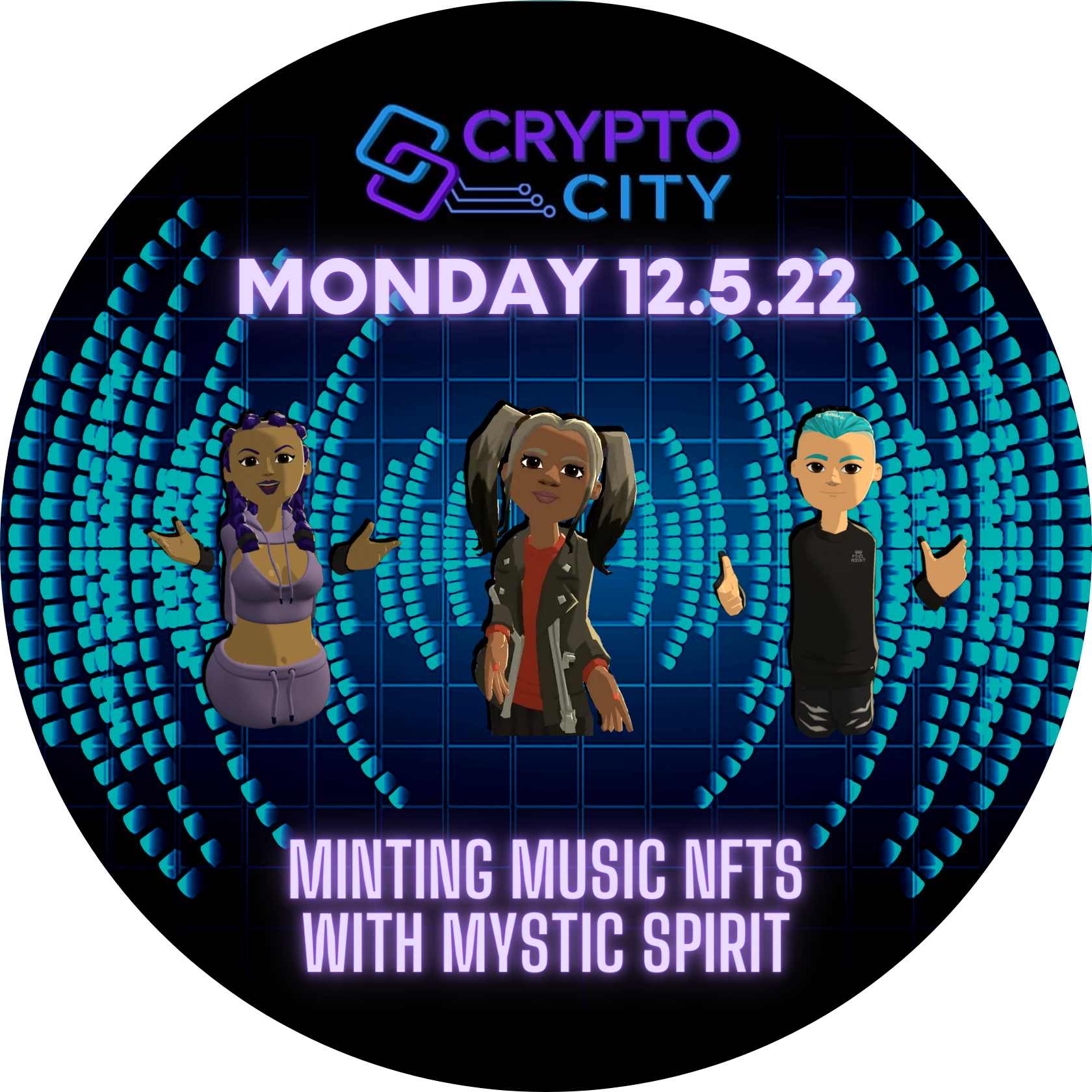 Crypto City 11.7.22 Episode 8 Minting Music NFTs with guest Mystic Spirit POAP image